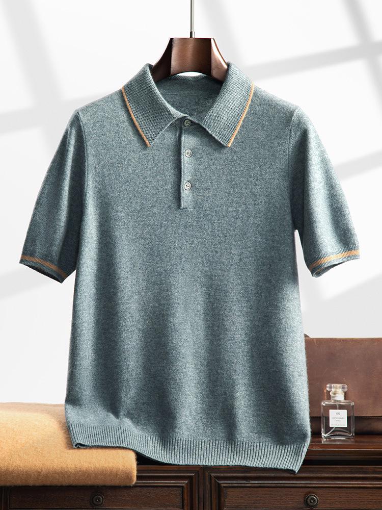 Men's Versatile Cashmere Knit Polo Shirt - Short Sleeve, Lapel, Fashionable Casual Style for Spring and Autumn