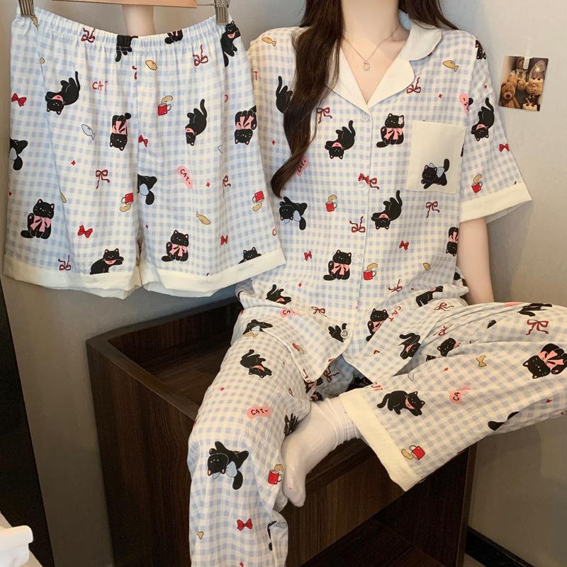 Cartoon Girl Small Fresh Cloud Cotton Pajamas Women'S Summer Short-Sleeved Three-Piece Set Black Cat Plaid Loungewear