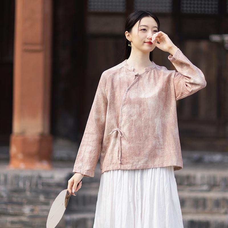 Johnature Women Vintage Shirts Tops Spring Chinese Style Long Sleeve Button Loose Shirts