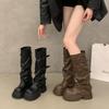 Thick-soled Pleated Belt Buckle Trouser Boots Women's 2025 New European and American Side Zipper But Knee Fashion Boots Knight Boots Tide