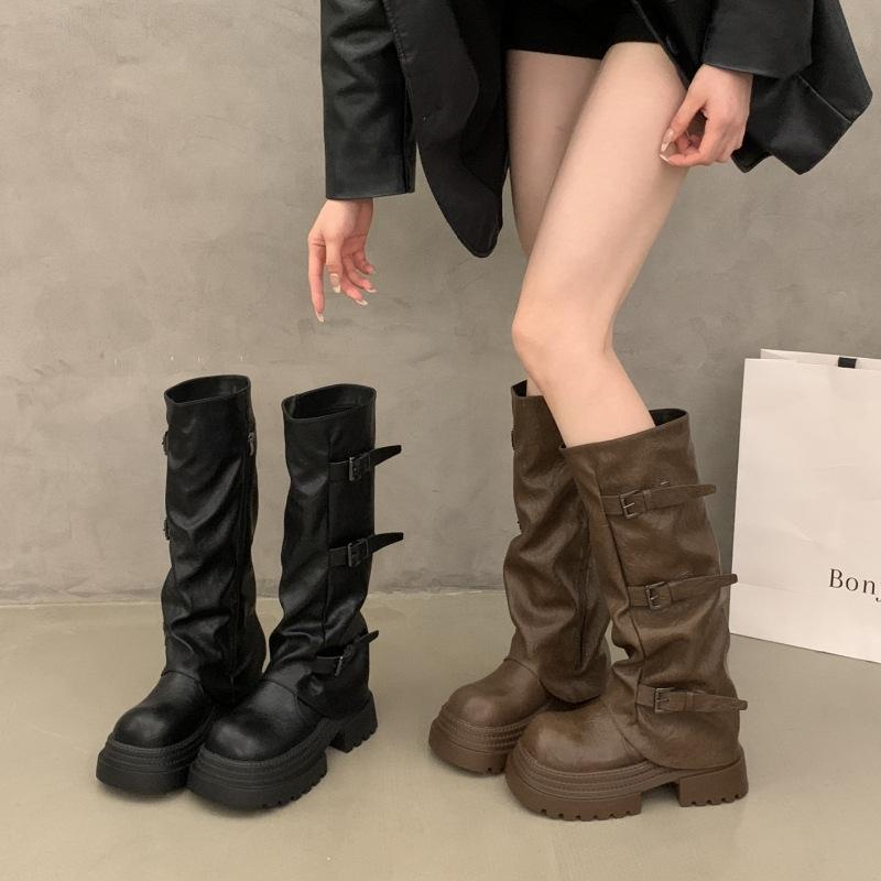 Thick-soled Pleated Belt Buckle Trouser Boots Women's 2025 New European and American Side Zipper But Knee Fashion Boots Knight Boots Tide