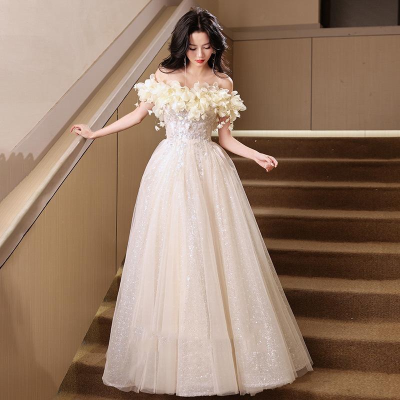 One-word shoulder champagne evening dress women's 1011 new high-end birthday party bar mitzvah graduation performance host