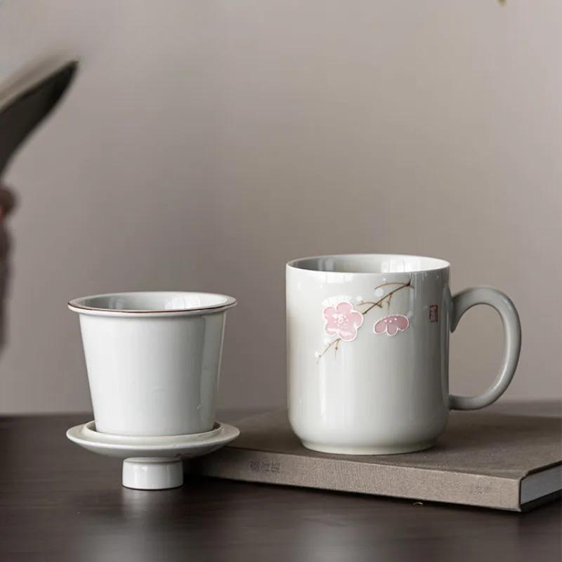320ml Hand Drawn Peach Blossom Ceramic Filter Tea Separator Cup Tea Brewing Separation Mug Office Work Mug Teacher's Day Gift