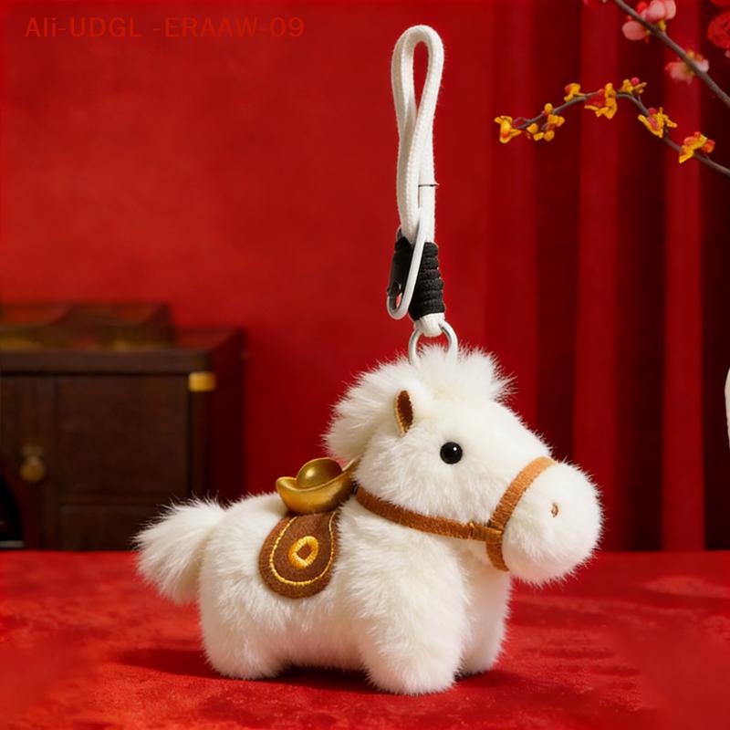 1PC Red White Plush Horse Key Chain New Year Horse-Shaped Animal Keychain Car Ornament With Hanging Rope