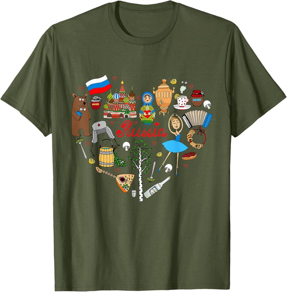 Russia Symbols Heart Collage Graphic Tee Breathable Casual Trip T-Shirt For Men