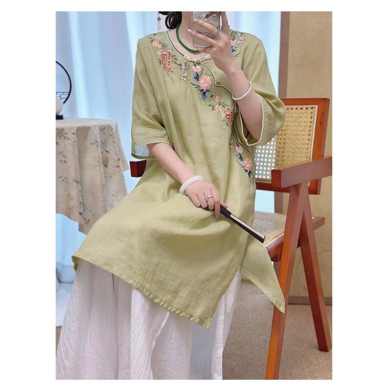 Women New Chinese Style Floral Embroidery Linen Dress Round Collar Frog Button Three-quarter Sleeve Casual Loose Fit Midi Dress