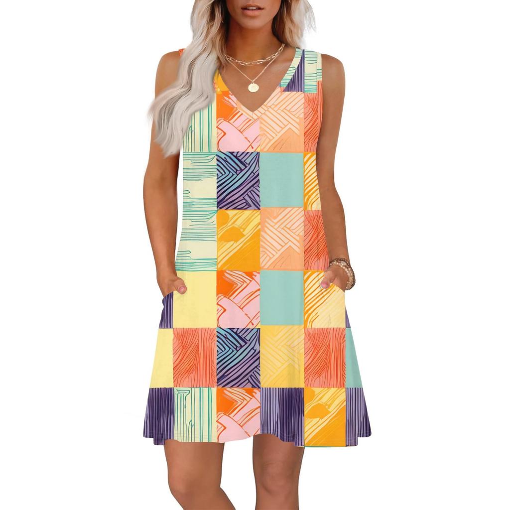 Women's Summer Dresses Loose Fit Printed V Neck Sleeveless Sundresses Beach Hawaiian Dress With Pockets