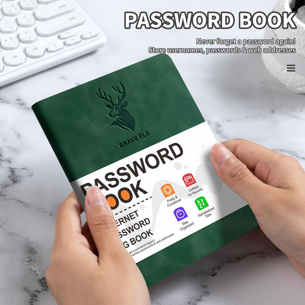 Bezpieczny dziennik w oprawie ze sztucznej skóry z dużym drukiem i zakładkami alfabetycznymi – zapobiega kradzieży tożsamości, bezpieczne przechowywanie haseł