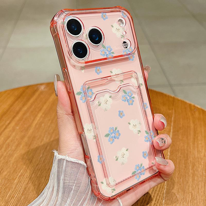 Silicone Cover For iPhone 16 Pro Max Funda iPhone 17 Air 15 14 13 12 Pro Max 11 colorful Small Flowers Pattern Case Insert the card Silicone Cover