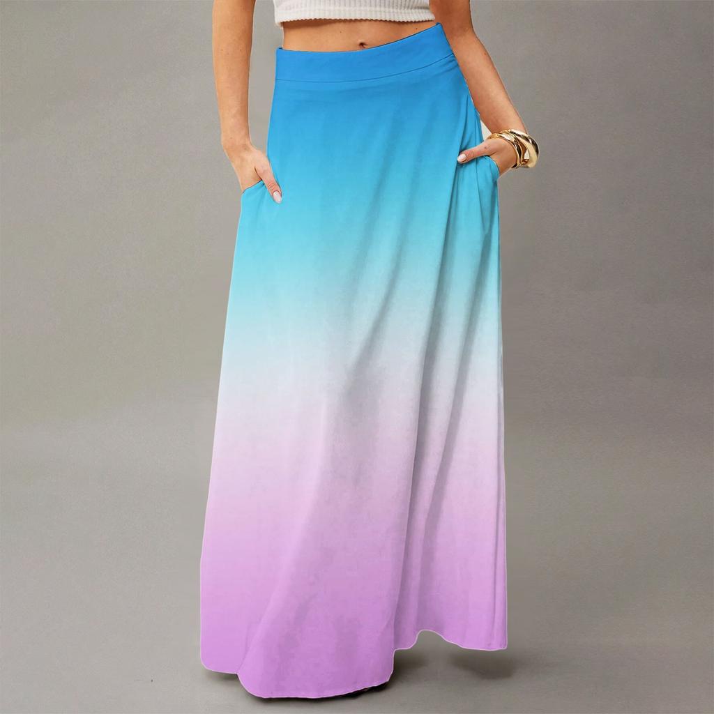 Damen Lässig Freizeit Faltbar Farbverlauf Druck Hohe Taille Mit Tasche Drapierter Entspannter Langer Maxi Rock