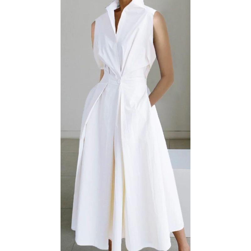 Dress summer new commuter fashion solid color V-neck women s button pendulum dress S белый