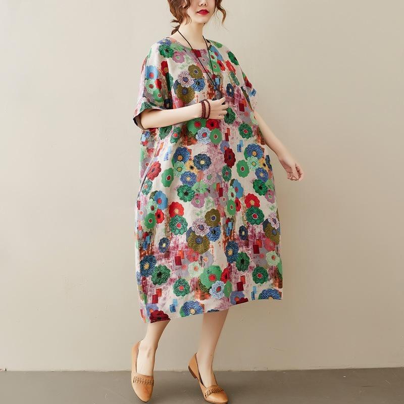 Summer Flower Printed Cotton and Linen Dress Plus Size Women's Short-sleeved Round Neck Mid-length Floral Skirt
