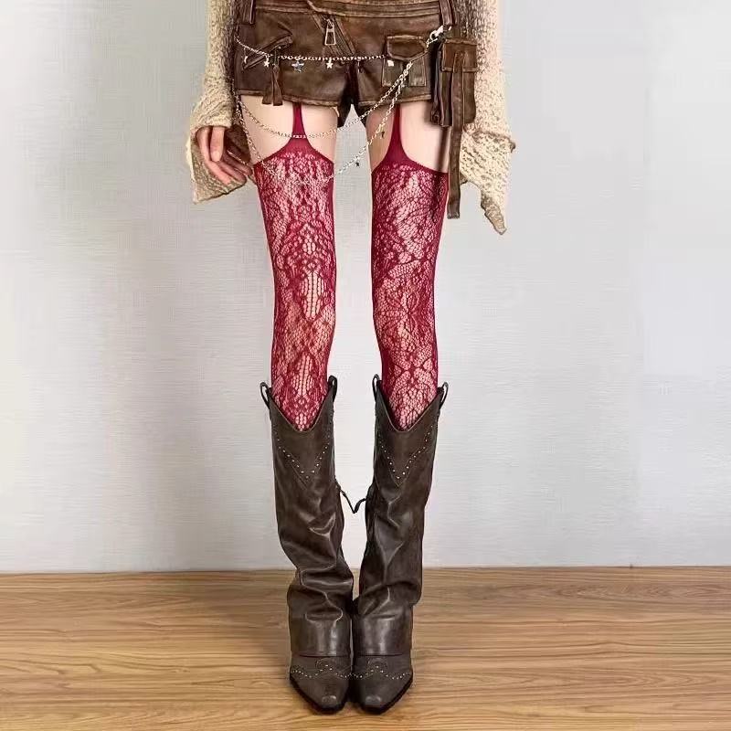 Brown Stockings Women'S Spring And Autumn Anti-Hook Bottoming Socks Summer Lace Retro Flower Jacquard Mesh Socks Beautiful Legs