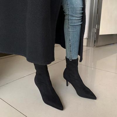 Fashion 2024 New Women Sock Ankle Boots Fashion Black Slip On Ladies Elegant Dress Short Boot Thin High Heel Dress Chelsea Shoes