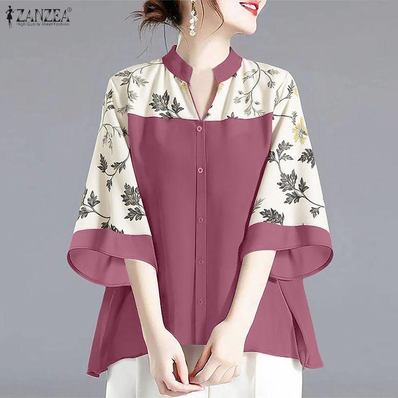 ZANZEA Women Casual V-Neck Loose Print Splice 3/4 Sleeve Blouse