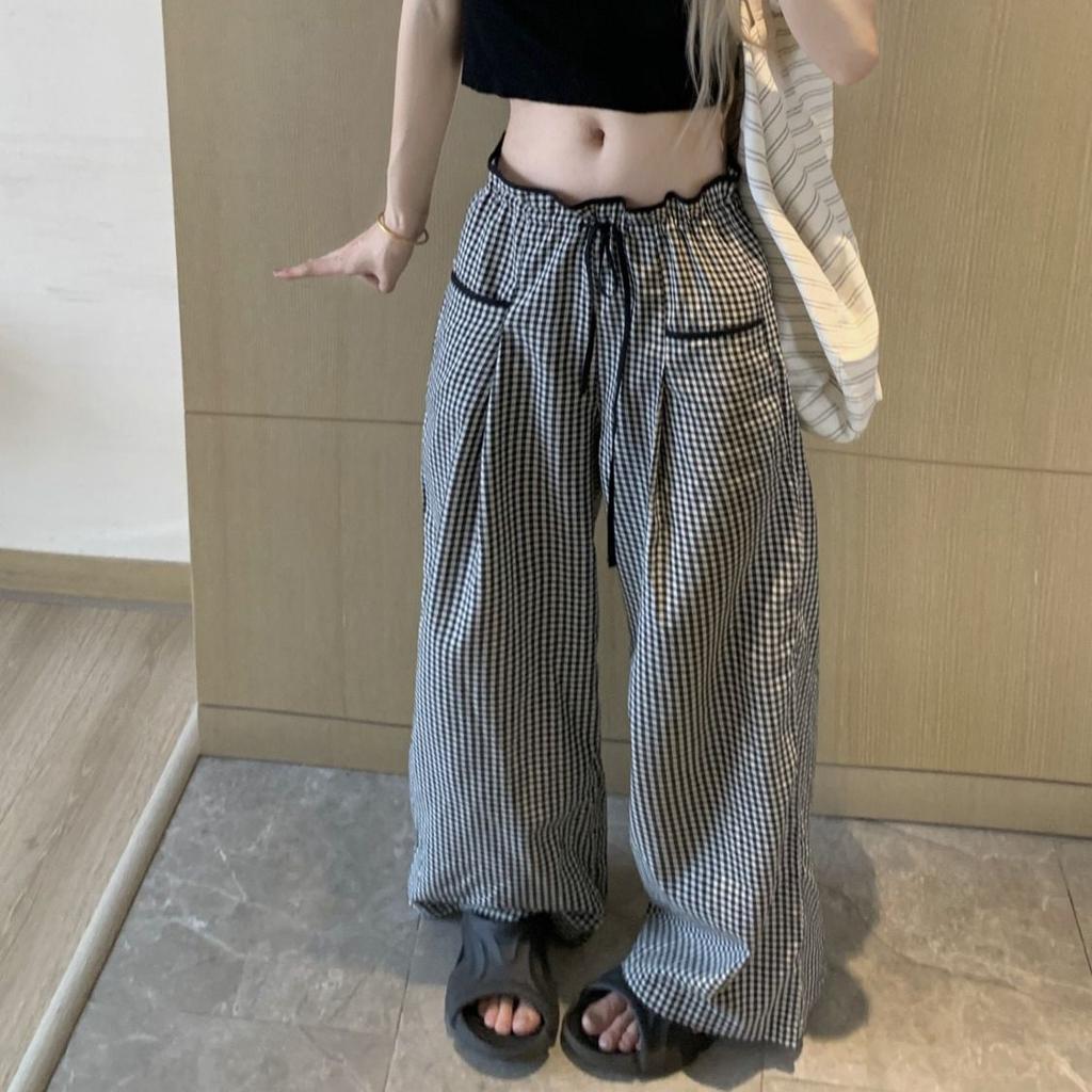 Color - Block Black White Plaid High Waist Slim Straight Wide Leg Long Casual Pants for Women Summer