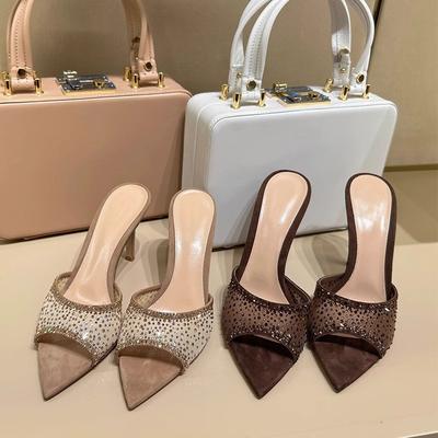 Dames 2025 nieuwe zomerkleding open teen puntig mesh strass een-woord sleehak temperament dunne hakken hoge hakken coole slippers dames