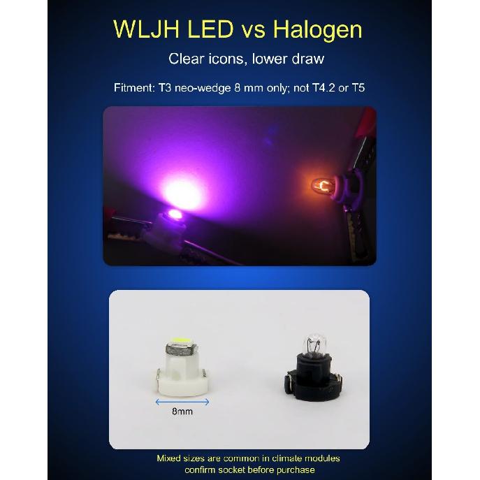 WLJH 10x Pink T3 Neo Wedge Led 8mm Base 3030 SMD Chip Car Instrument Cluster Light Dashboard Gauge HVAC AC Heater Climate Control Lamps Switch