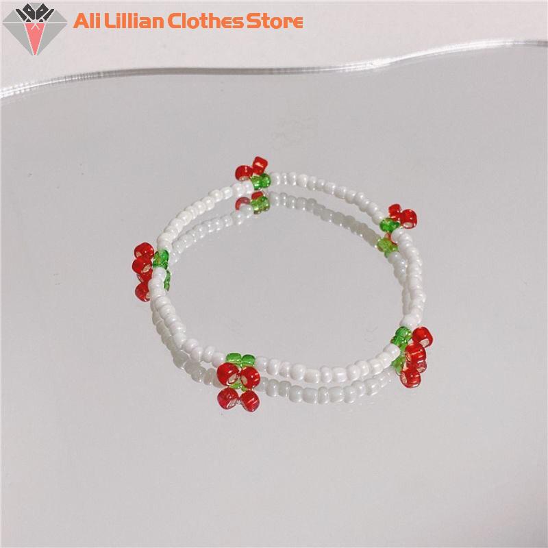 Summer Niche Fresh White Crystal Beaded Bracelet Hand-woven Stylish Simplicity Cherry Bracelet Jewelry Girls Party Gifts