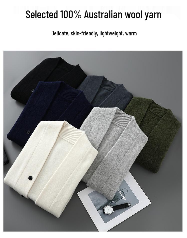 Men's 100% Pure Wool Thick Solid Cardigan Sweater, Plus Size Casual Knitwear Jacket
