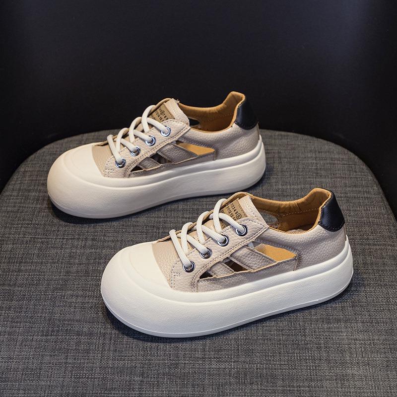 Summer new breathable leather hollow women's shoes soft sole versatile single shoes casual style retro board shoes women