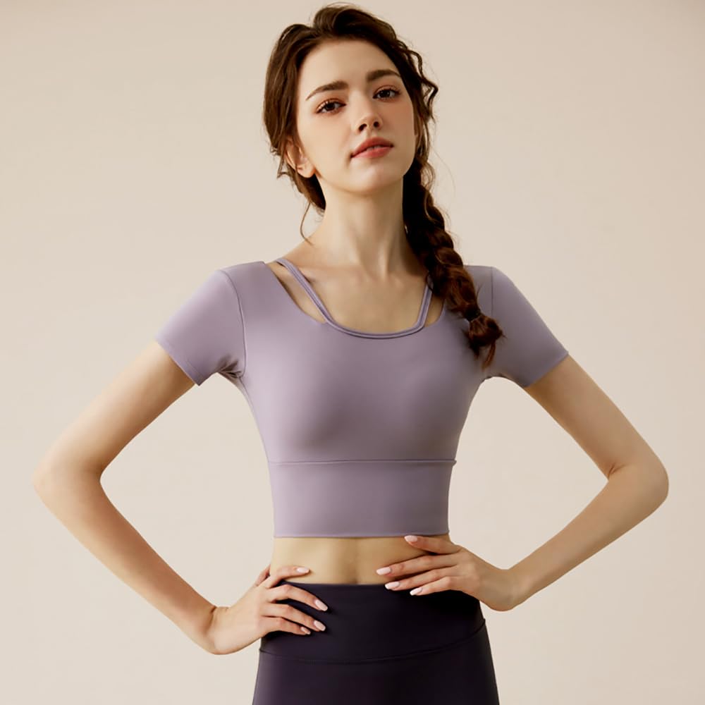 Wzhiming Yoga Short Elegant Short Short Sleeves Top, Cupped, Sleeve, Wear, Length, Ballet, Dance, Moisture-Wicking, Quick-Drying, (S, Purple)