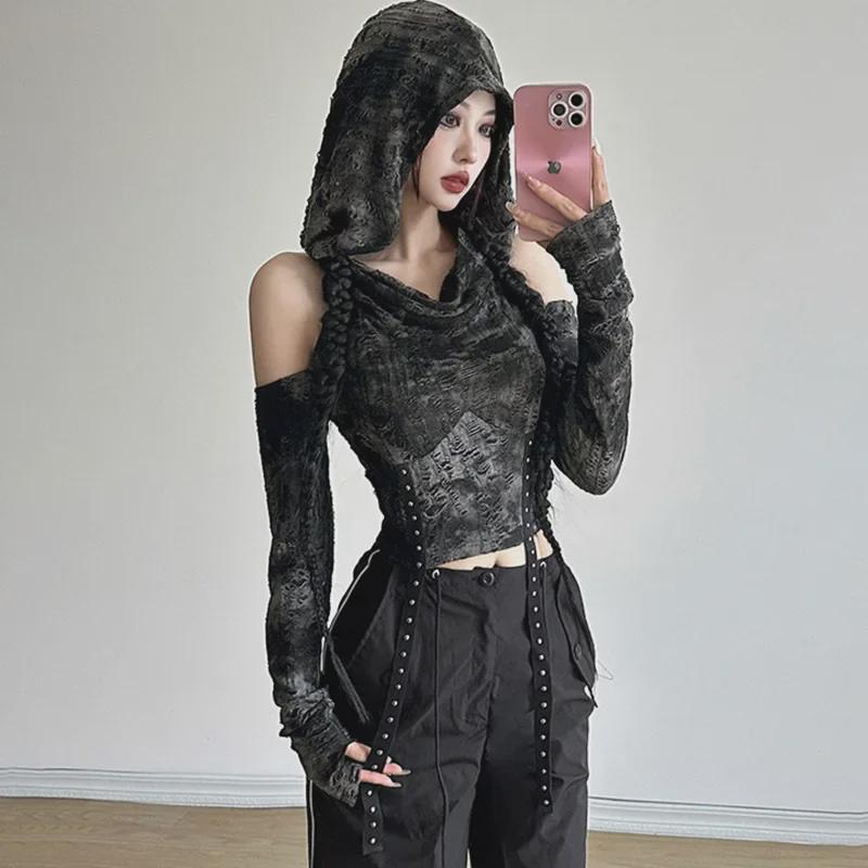 Wasteland-Inspired Off-Shoulder Hooded Long-Sleeve Crop Top for Women