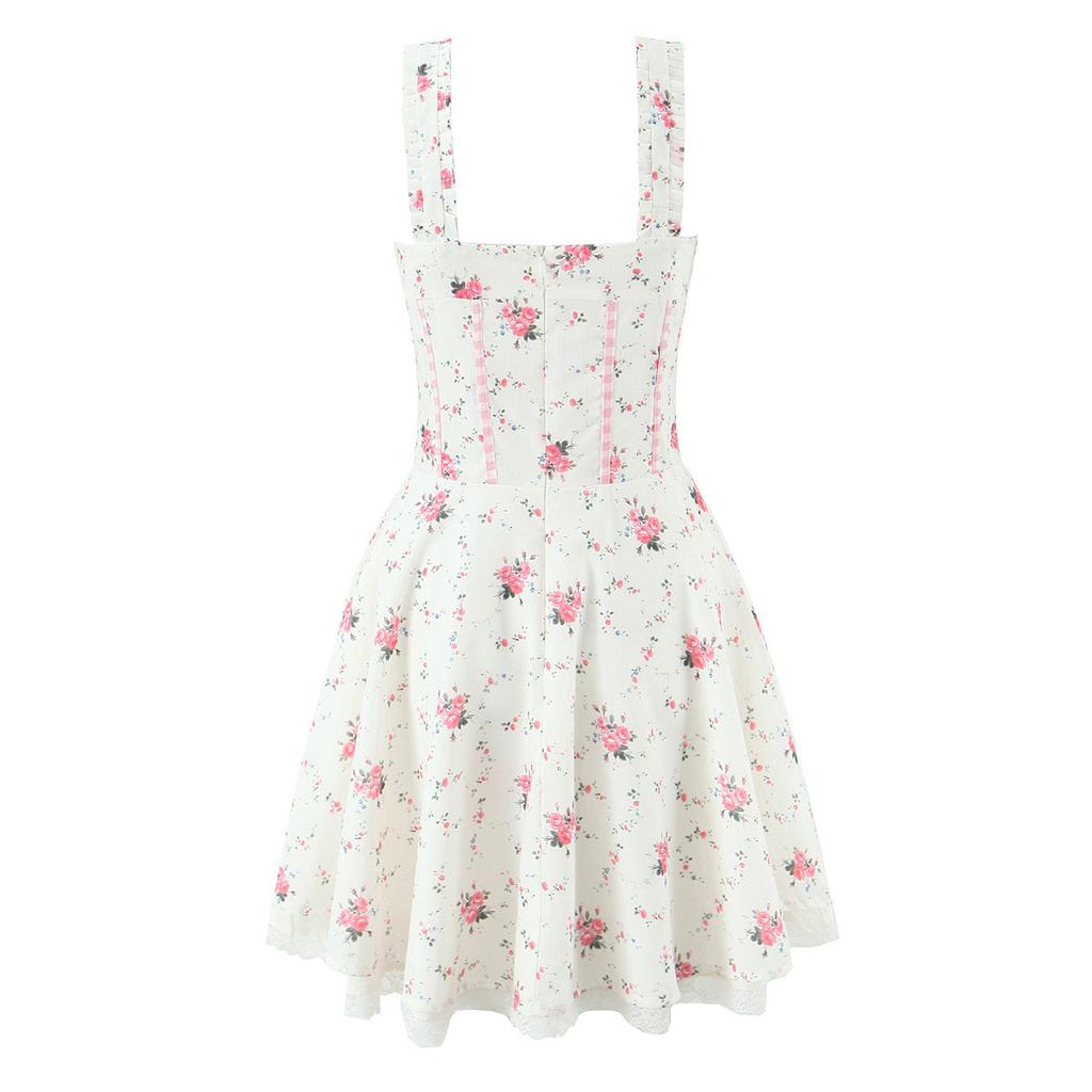House French sweet floral print love pocket waist thin lace-up suspender mini dress