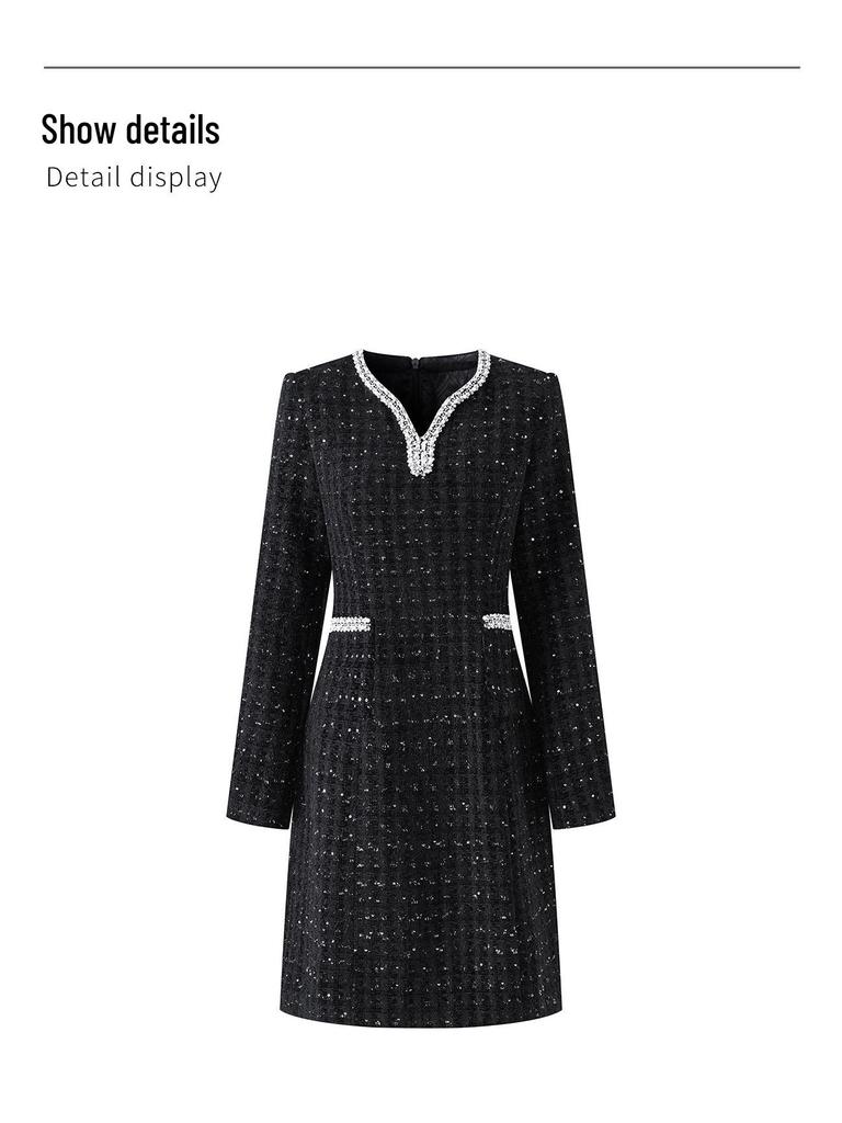 Nanyou Chenille Tweed Skirt with Sequins - Women's Autumn/Winter Fragrance Style Dress