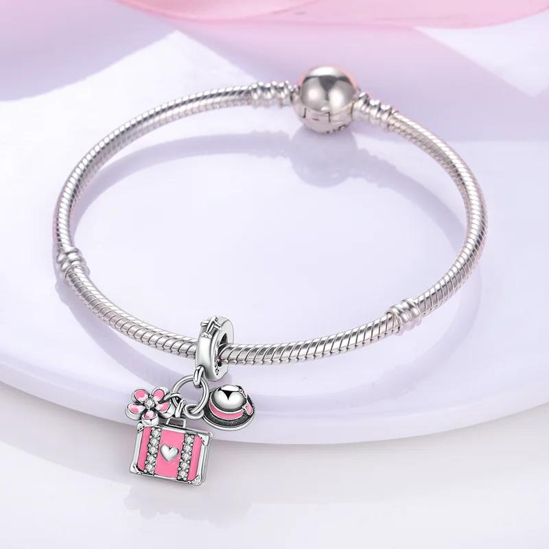 Charmscopper Plated Pink Suitcase, Straw Hat, Flower Pendants Fit Charms Original Bracelet Beads Women Jewellery Making