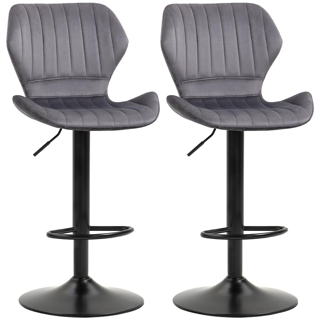 Set of 2 Height-Adjustable Bar Stools with Ergonomic Seat and Footrest, Tall Stools in Velvet Effect and Metal, 47x51.5x92-114 cm, Grey