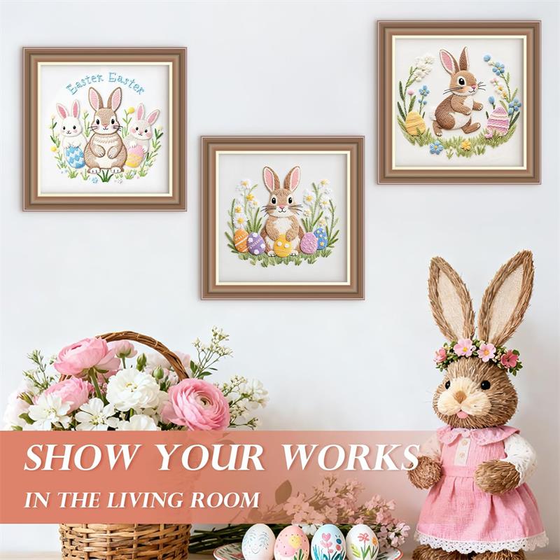Easter Embroidery Kit for Beginners, DIY Hand Embroidery Set with Bunny Egg Floral Patterns, Including Hoop Thread Needles, Easter Craft Sewing Gift