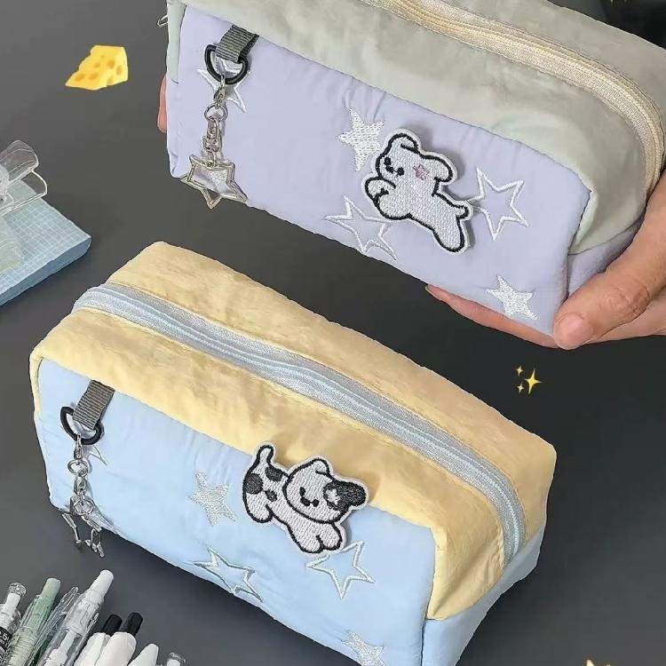 Embroidery Star Dog Pencil Bag High Capacity Polyester Fabric Pencil Case Travel Makeup Storage Bag for Student Women