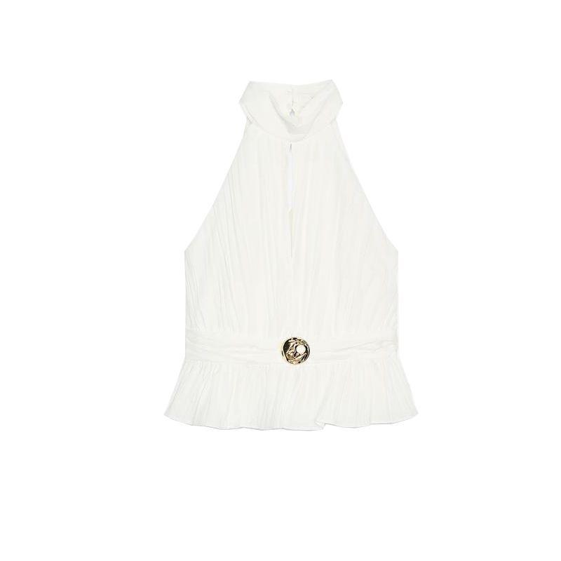

Summer Women s Clothing Ins Style Gold Inlaid Fashion Stylish Small Pleated Hanging Collar Tops 0387077 Ground White L
