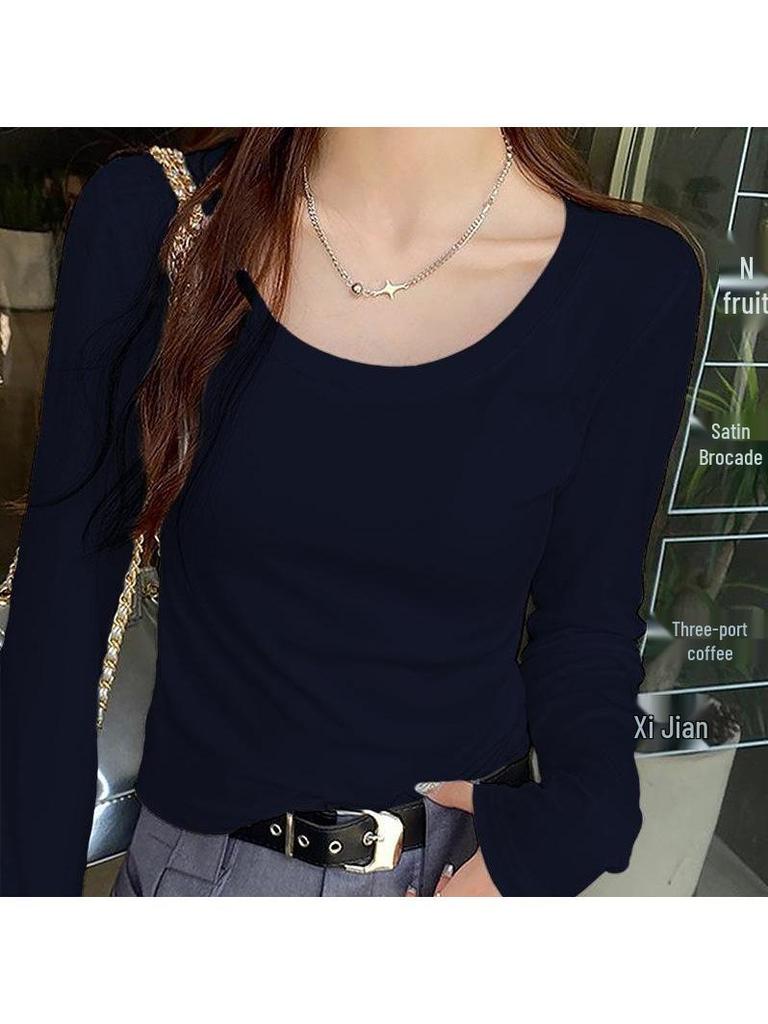 Women's Solid Color Raglan U-Neck Long Sleeve Slim Fit Base Layer Top for Spring and Autumn