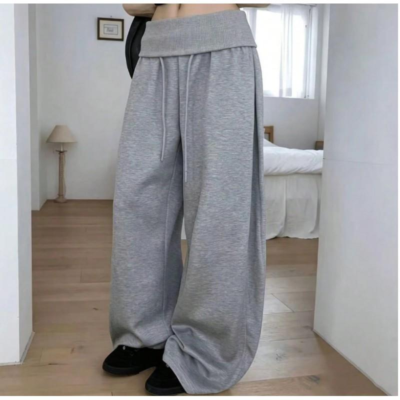 Womens High-Waisted Wide Leg Pants Fall Loose Drape Drawstring Casual Trousers Side Button Design