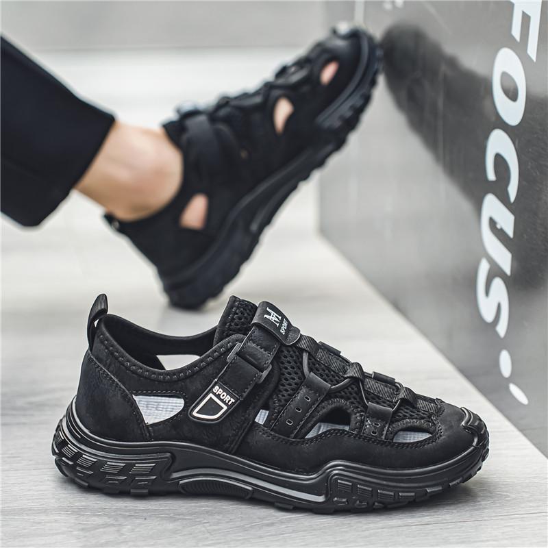 

2024 summer outdoor hole shoes sandals men s shoes breathable mesh low-top hollow casual outdoor non-slip bag head shoes 39 чёрный