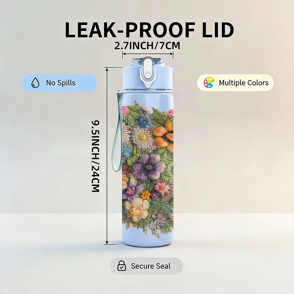 1PC Multicolor Wildflower Bouquet Print 750ml Color Plastic Sports Water Bottle Leakproof Flip Straw Lid Suitable for Sports Office Home Use