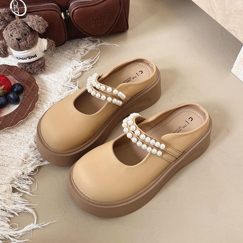 Mary Jane bag head half slippers women's wear 2025 new summer platform pearl half tray French with skirt sandals