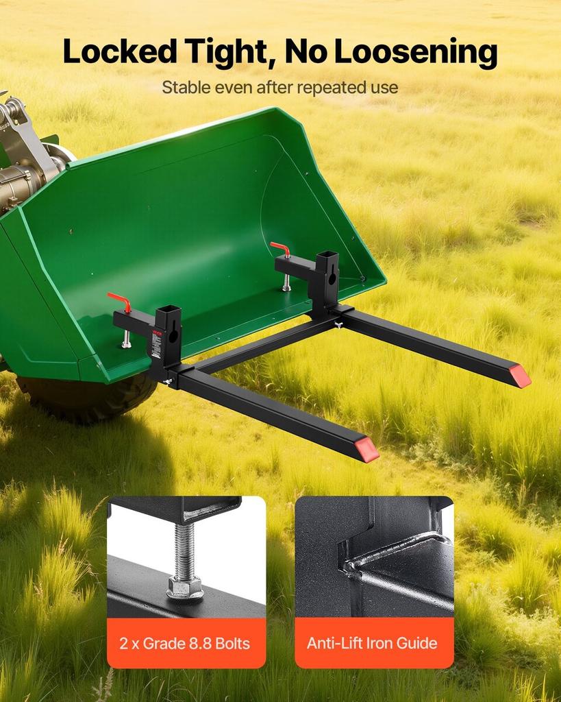 Pallet Forks, 907 Kg Clamp On Pallet Forks, 109 Cm Total Length Heavy-Duty Tractor Fork with Adjustable Stabilizer Bar for Tractor Attachments, Loader