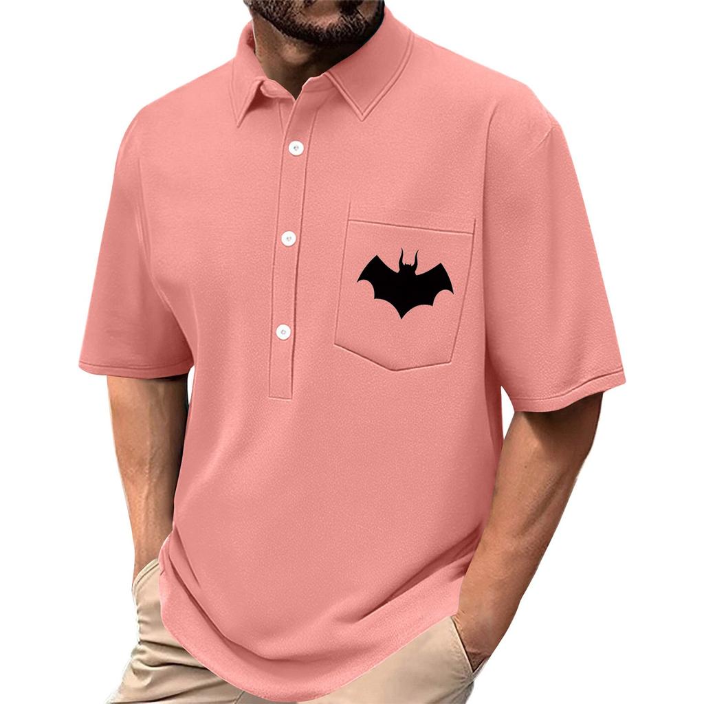 Men's Summer Solid Color Print Four-sided Stretch Lapel Button Pocket Shirt Casual Sports Short-sleeved Top