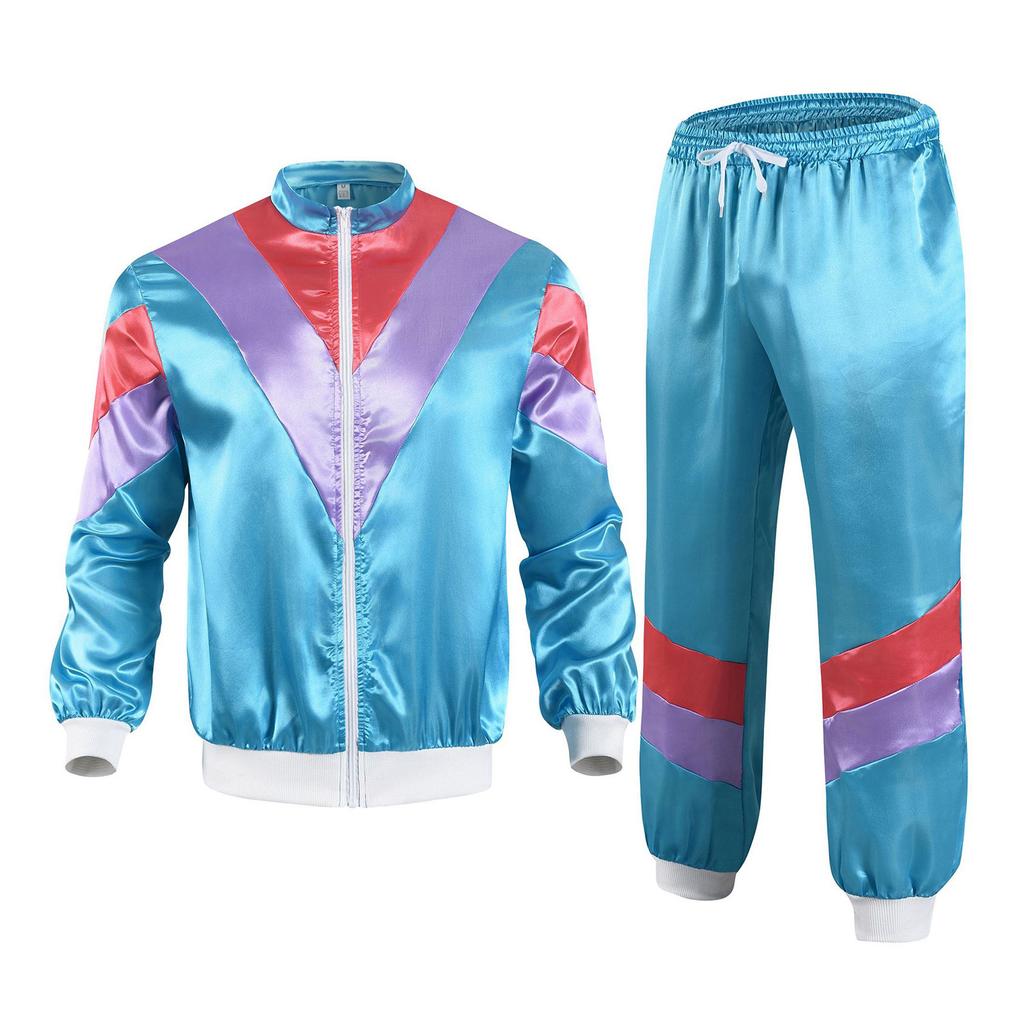 Womens 80s Theme Party Tracksuit Color Block Satin Sports Set Stand Collar Long Sleeve Zipper Jacket Drawstring Sweatpants