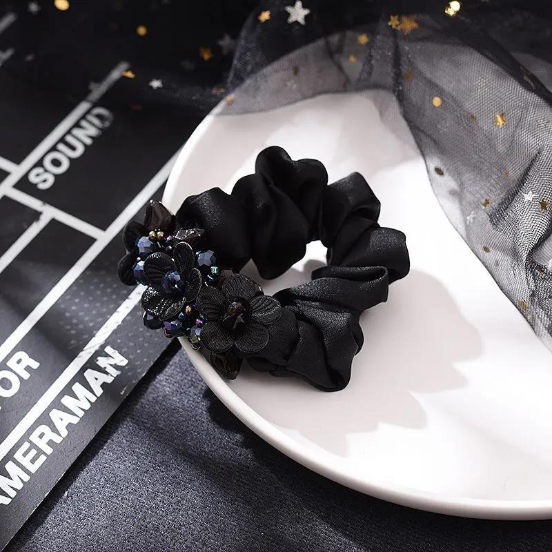Eleganti scrunchies in tessuto floreale con cristalli per donne e ragazze, elastici per capelli, accessori per legare i capelli, anello per capelli, corda, copricapo