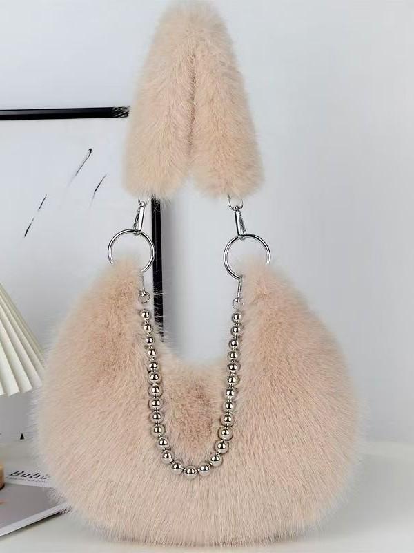 Autumn/Winter Faux Fox Fur Plush Shoulder Bag with Pearl Chain