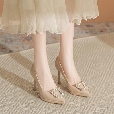 Patent Leather Square Buckle High Heels Women's Small Waterproof Table Not Tired Feet Thin Heels Single Shoes Versatile Celebrity Women's Shoes