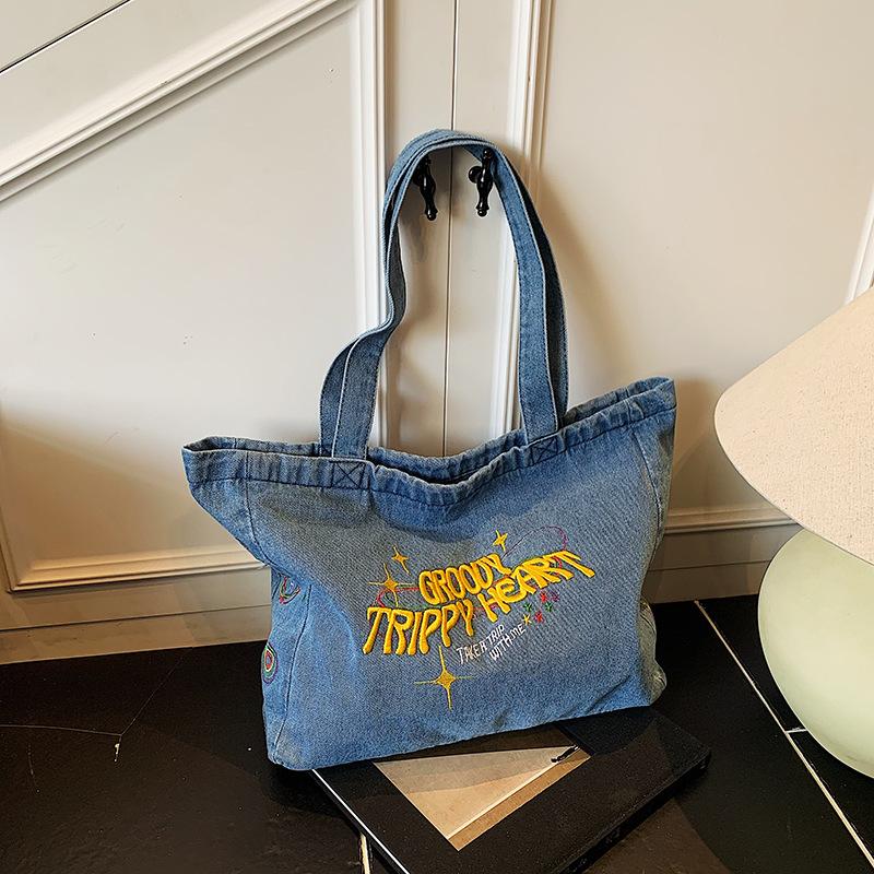 New Japanese Style Denim Tote Bag for Women Large Capacity School Commute Shoulder Handbag Casual Denim Purse