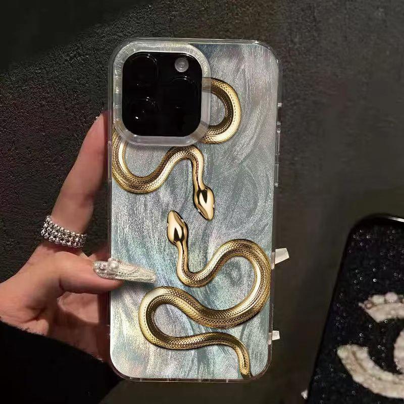 Gold Snake Print Case For iPhone 16 15 14 13 12 11 17 Pro Max 16 Plus 16E 17 Air Feather Chiffon Texture Silver Plated Cover