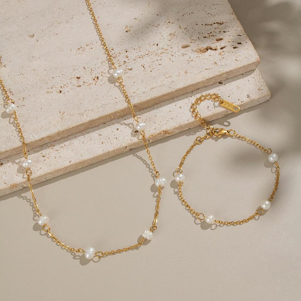 Xia Ling Simple Elegant Freshwater Pearl O-Chain Necklace Bracelet, 18K Gold-Plated Stainless Steel Jewelry