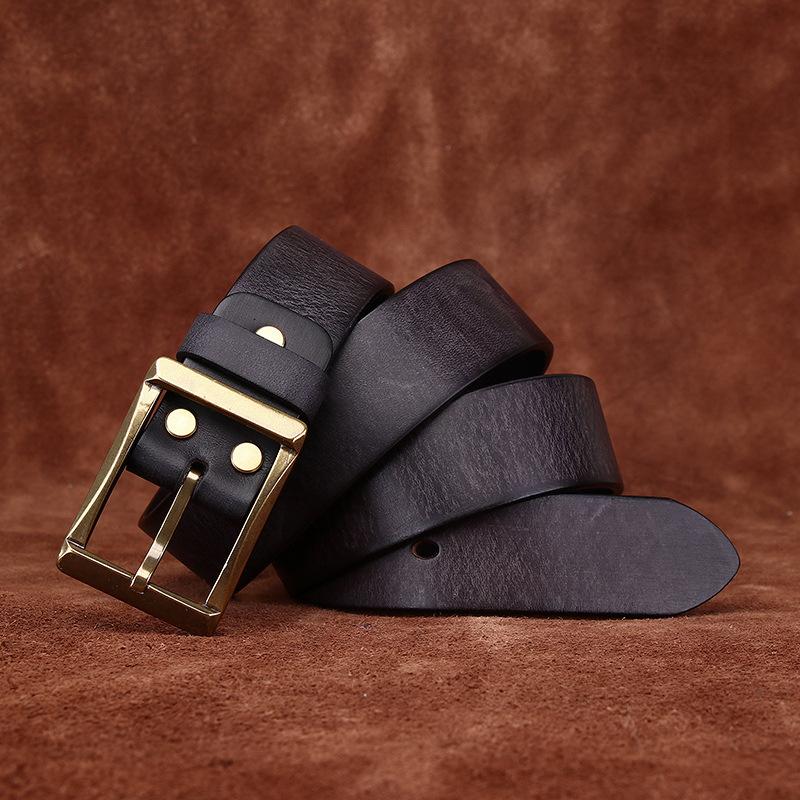 Retro Style Belt American Hand-Frosted Men'S Belt First Layer Pure Cowhide Copper Buckle Jeans Genuine Leather Belt