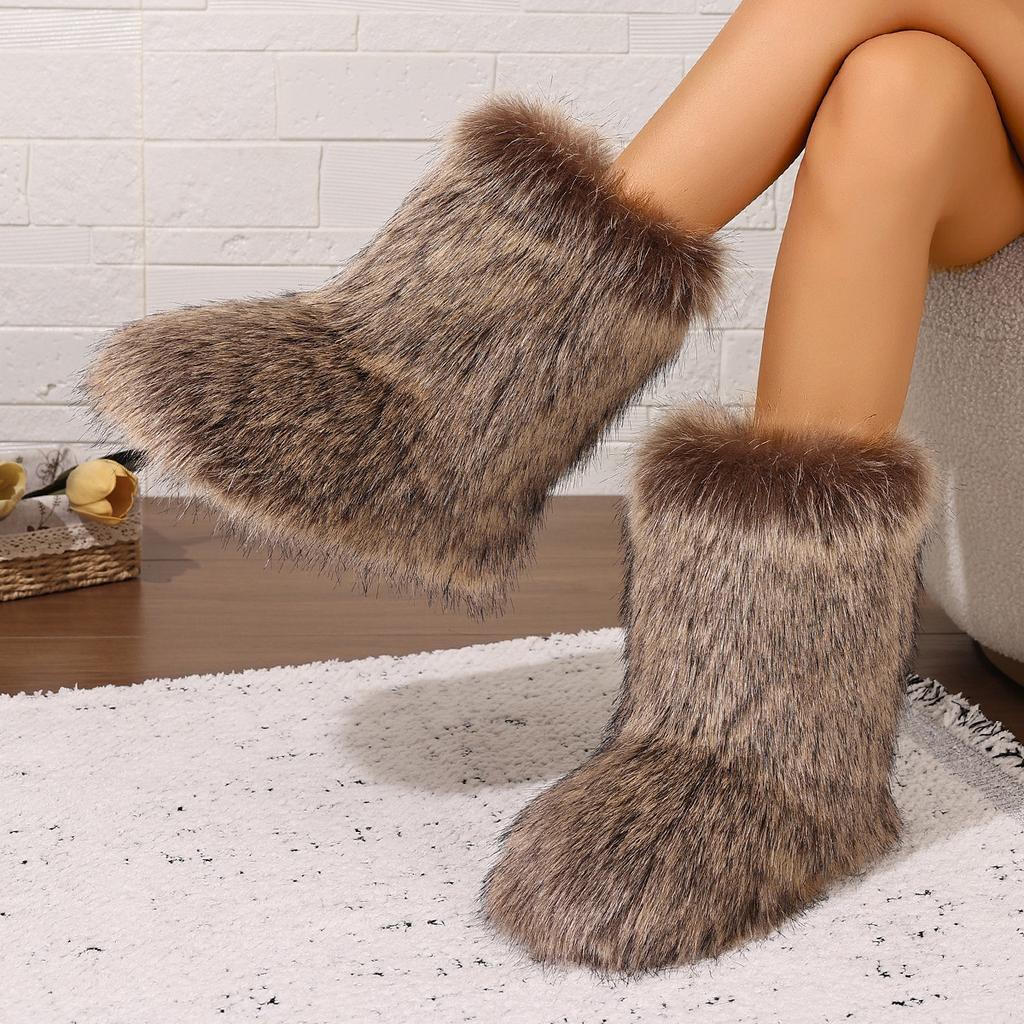 Spice Girl Boots Warm Boots Autumn and Winter Women's Outdoor Medium Boots Fashion Thickened Brown Fluffy Snow Boots